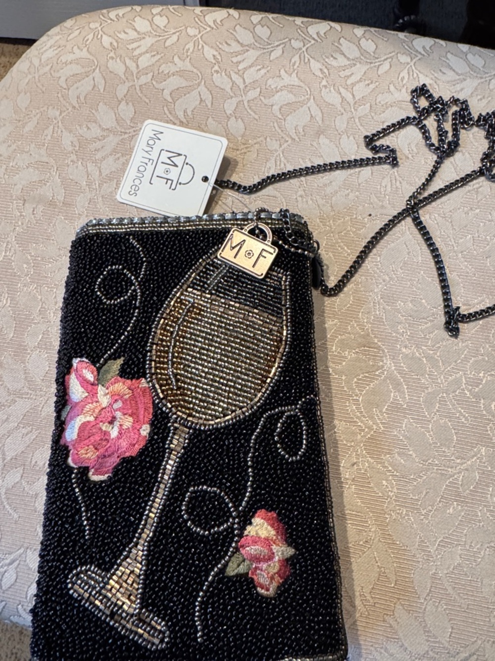 Mary Frances Black Beaded Crossbody with Gold Wine Glass and Pink Floral